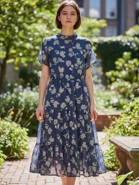 Lulus Dressed Up Dusty Blue Floral Midi Dress S Small High Mock Neck Modest Boho